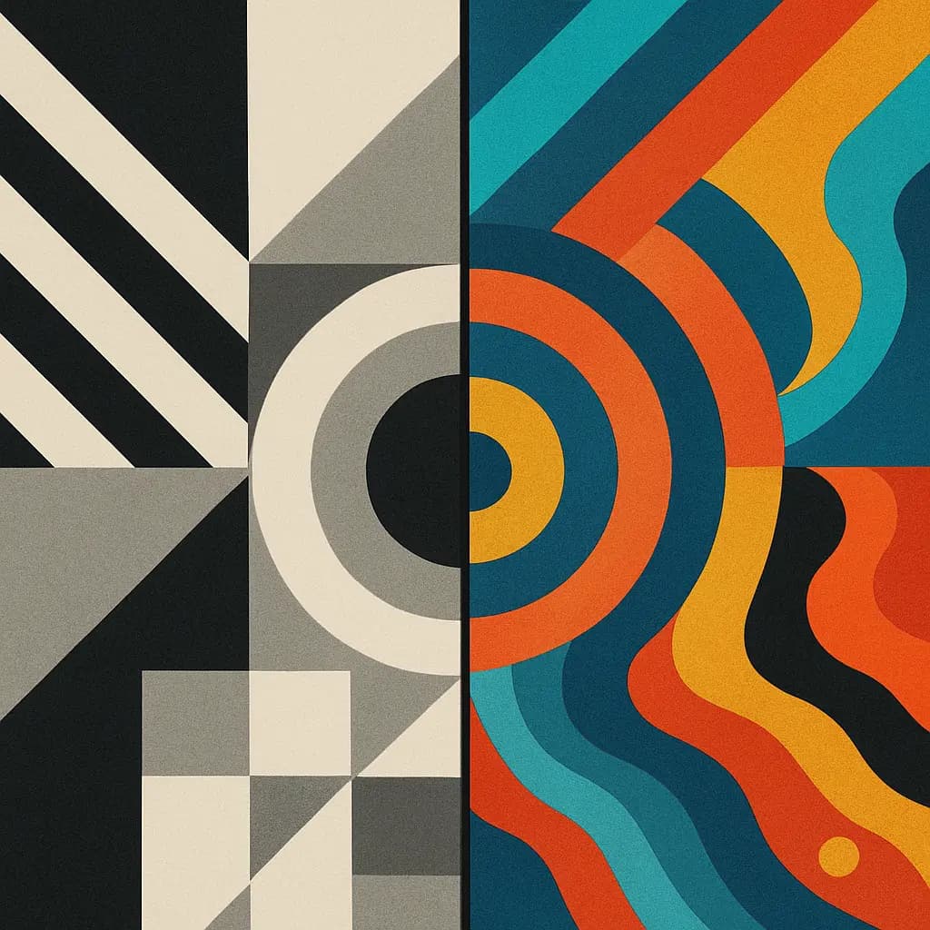 Split view showing different ways of perceiving the same patterns