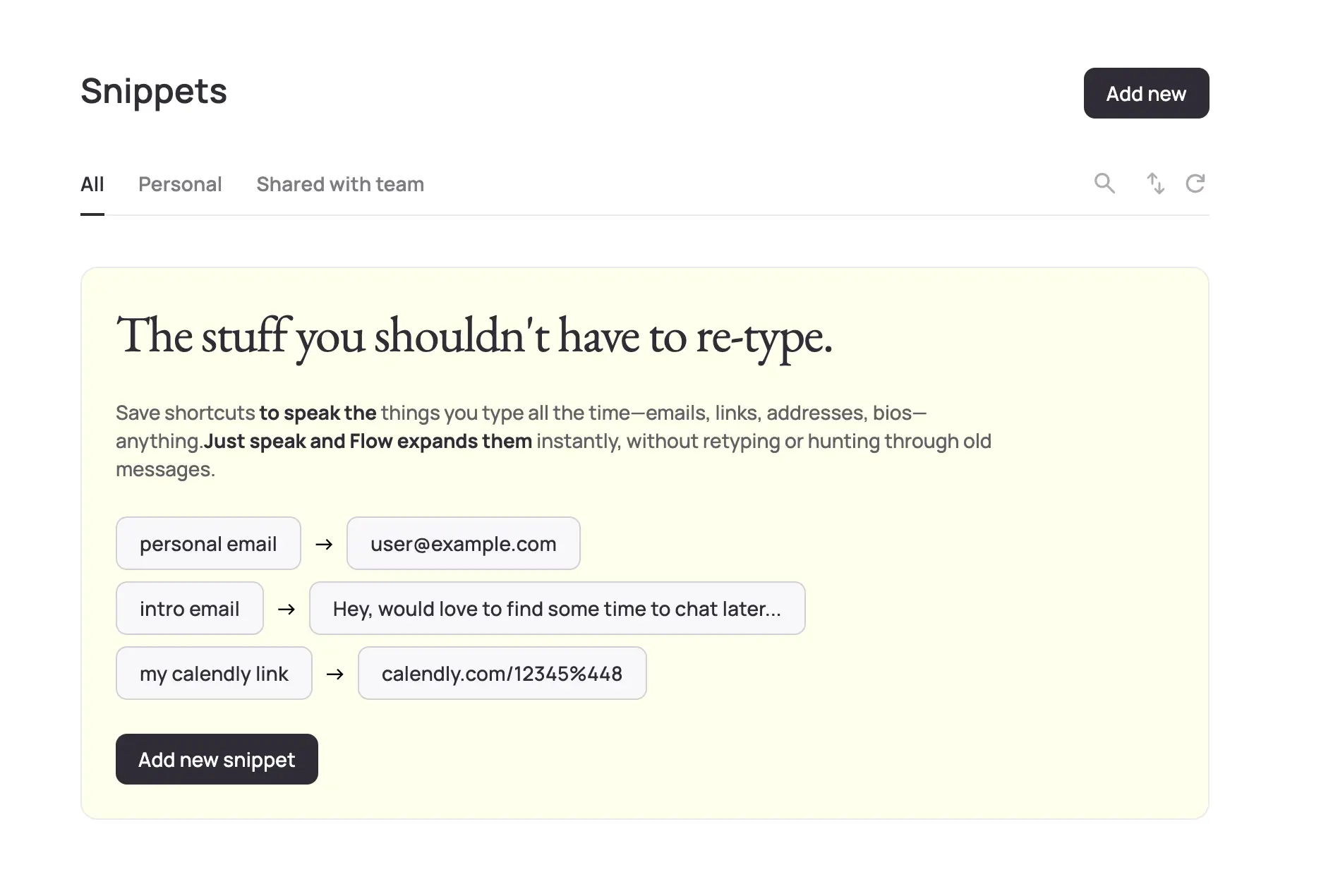 Snippets interface for reusable voice prompts